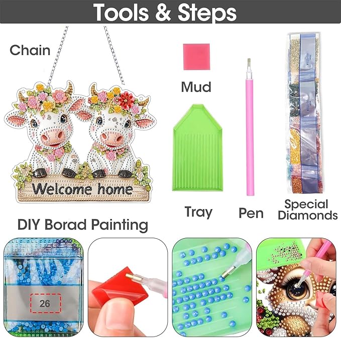 SKRYUIE Cattle Hanging Diamond Art Kits for Adults Pendant Suncatcher, Special Shaped Crystal DIY Pearl Diamond Painting Kit, Gift for Mother Spring Summer Window Wreath Decor 7.48 x 7.32 Inch A37