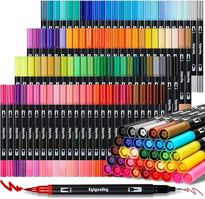 Colored Markers for Adult Coloring Books, Dual Tip Brush Pens with 100 Watercolor Fine Tip Markers and Brush pens for Kids Drawing Calligraphy