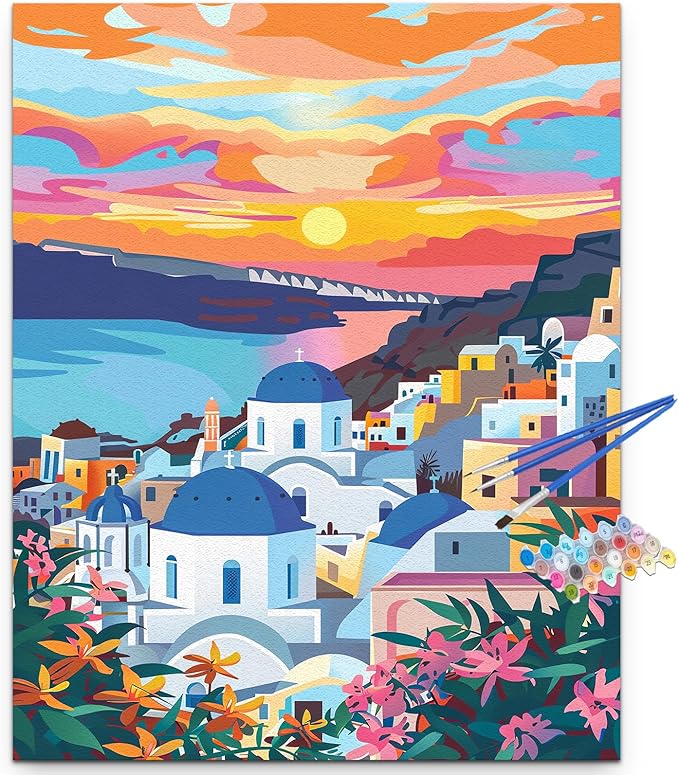 Artunion Sunset Santorini Greece Paint by Numbers Kit for Adults, Landscape Paint by Number Kits, DIY Oil Painting Paint by Number Kits on Canvas Arts Craft for Home Wall Decor 16x20 Inch