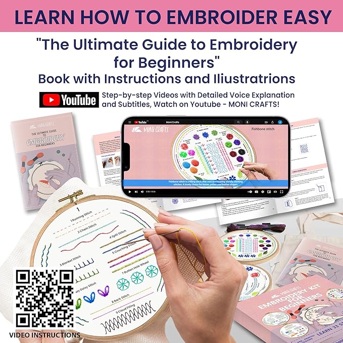 Moni Crafts Embroidery Kit for Beginners – DIY Hand Embroidery Set for Adults with 4 Stamped Patterns, Hoop, Threads, Needles and Step-by-Step Stitch Guide to Learn 33 Stitches