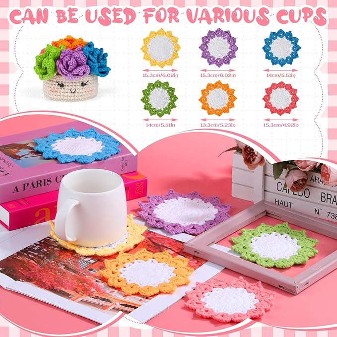 Hssugi Crochet Kit for Beginners, 6PCS Crochet Starter Kit, Potted Plant Coasters Crochet Kit with Step-by-Step Video Tutorials, Crochet Hooks, Learn to Crochet Kits for Adult Beginners