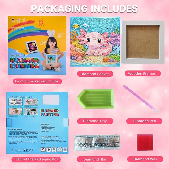 Axolotl Diamond Art Painting Kits for Kids with Frame, Animal Diamond Art for Kids Ages 4-8-12 with Frame, Easy Small Cute Gem Painting Kit for Gift Home Wall Decoration (7x7 inch)