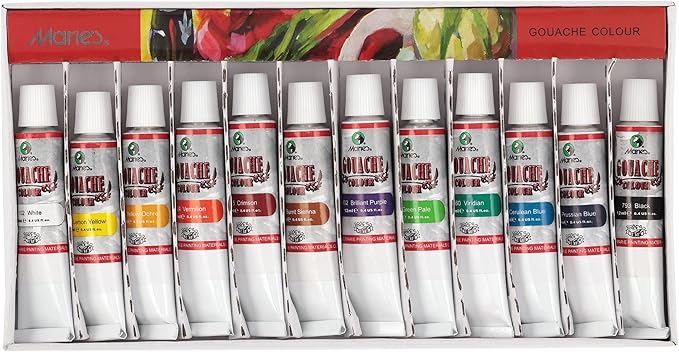 Marie's Artist Gouache Paint Sets - Highly Pigmented Gouache for Painting, Artists, Illustrators & Designers - Set of 12 Assorted Color Tubes (12mL/0.4oz)