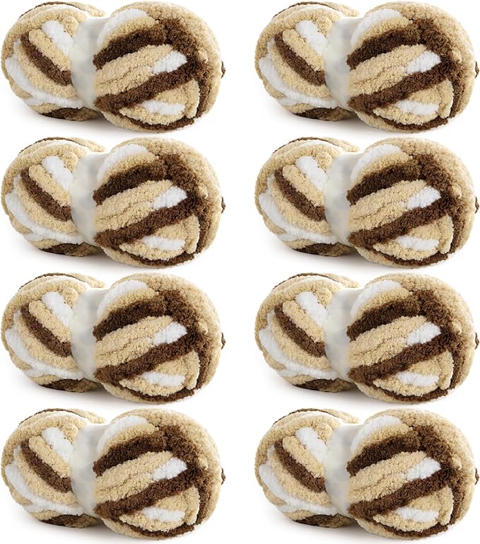 HOMBYS Chunky Tie Dye Mix Chenille Yarn for Hand Knitting, Super Bulky Jumbo Yarn for Crocheting, 3/4" Thick Soft Plush Yarn for Blankets, 8 Skein Pack (26 yds / 7.5 oz Each) Khaki