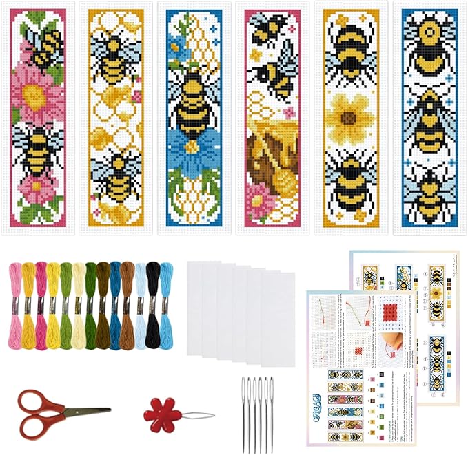ORIGACH 6 Set Bees Cross Stitch Bookmark Kit for Beginner with Backing Felt Floss Instructions DIY Stamped Embroidery Bookmark Kit for Adults, Book Lovers