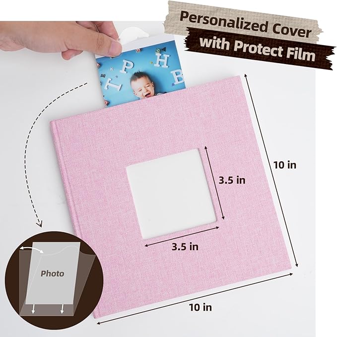 Scrapbook Album, 10"x10" DIY Photo Album with Square Window Linen Cover Kraft Paper 32 Sheets, Stylish Memory Book for Wedding, Anniversary, Family, Travel, Pink