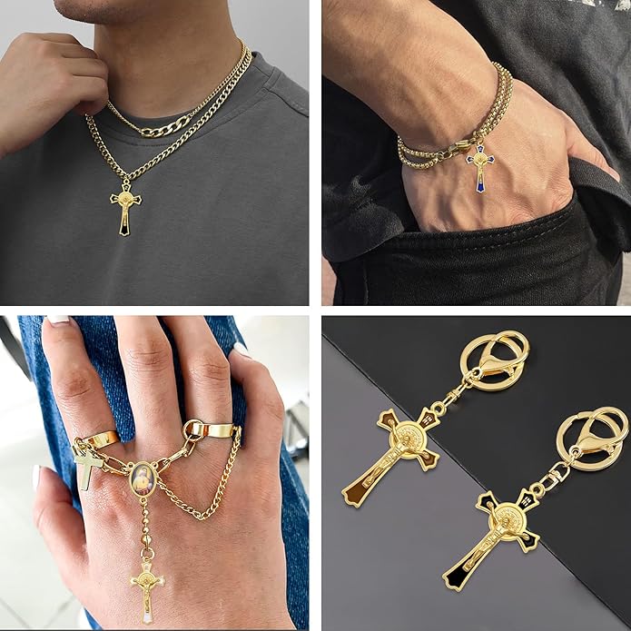 24Pcs/12Sets Rosary Kits Making Supplies Religious Cross and Center Medal Charm Alloy Enamel Saint Benedict Crucifix Pendant Beads for Adults Diy Catholic Jewelry