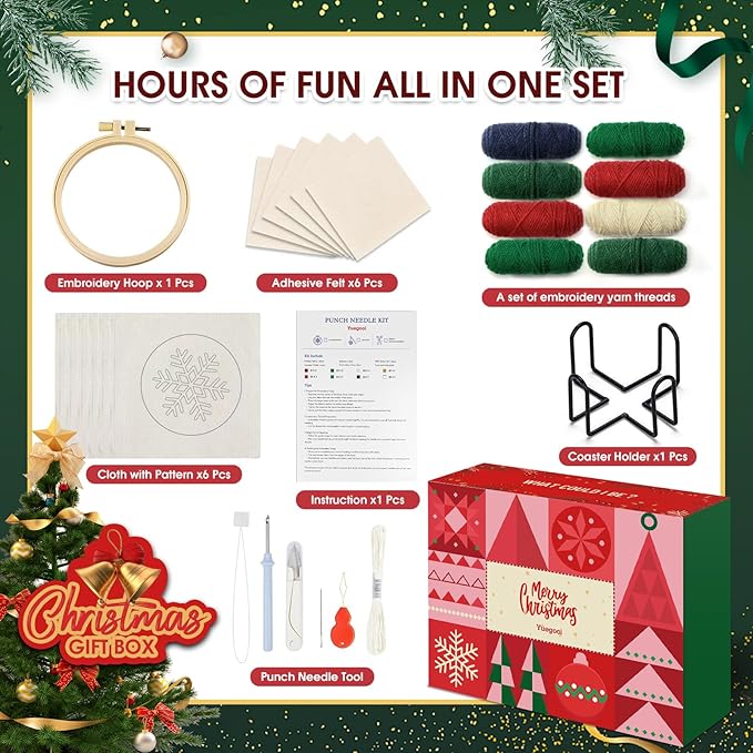 yuegool 6PCS Christmas Punch Needle Coasters Kit - DIY Embroidery Set for Adult Beginners, Holiday Art Craft Supplies with Patterns, Tools, Yarn, Hoop, Instructions, Coaster Holder