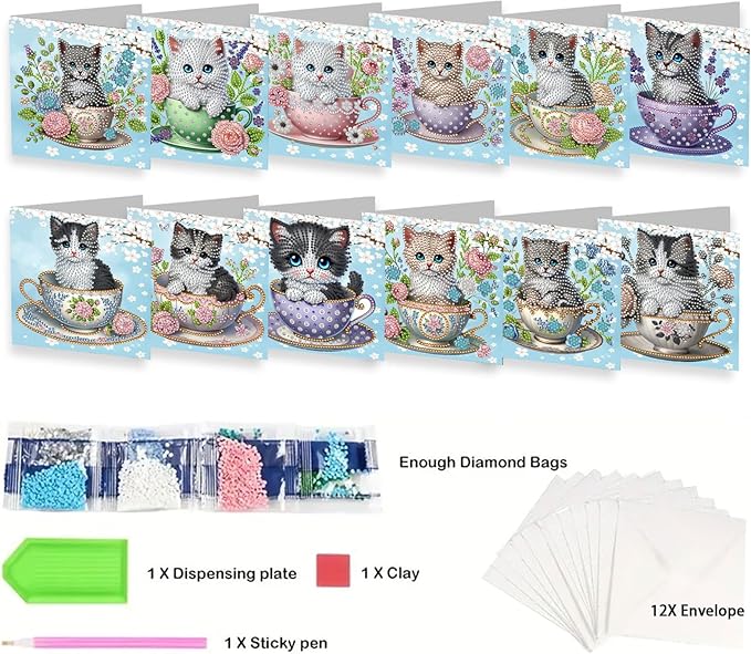 YOKUSHI 12 PCS Cat Diamond Art Painting Greeting Cards, Spring Flowers Craft DIY Card Making Kits for Adults Gifts (Cat)