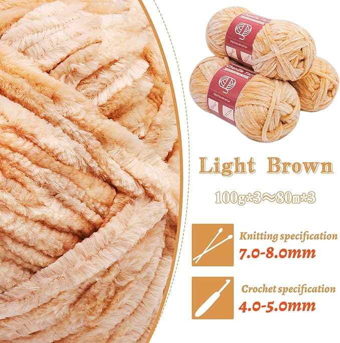 LUNARM Chenille Yarn for Crocheting Knitting, 3 Skein 263 Yard Thick Soft Chunky Fluffy Weaving Plush Yarn for Blankets Clothes Pattern Creations with Big Eye Needles (Light Brown)
