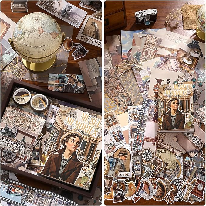 scrapbook supplies kit, vintage junk journaling supplies, scrapbooking kit with aesthetic stuff, stationary set, diy journal accessories, ephemera collage craft supplies gift for adults women beginner
