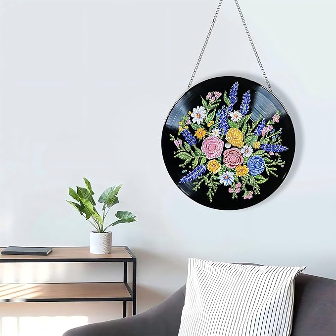 LOMSIOY Diamond Art Hanging Kit for Adult, Bouquet Front Door Sign Window Ornament for Outdoor, Records Double Sided Summer Decor Suncatcers for Porch, Hanging Pendants for Garden Wall （8x8 Inch