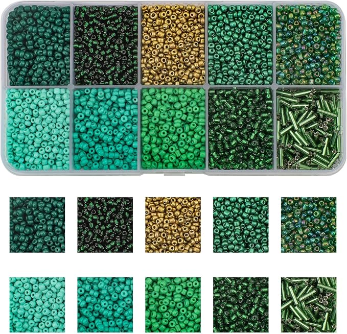 Approx 5000pcs 12/0 Glass Seed Beads for Jewelry Making, 2mm Mix 10 Colors Tube Beads Glass Bugle Beads Waist Beads Kit for Bracelets Necklaces Earrings DIY Supplies (Green)