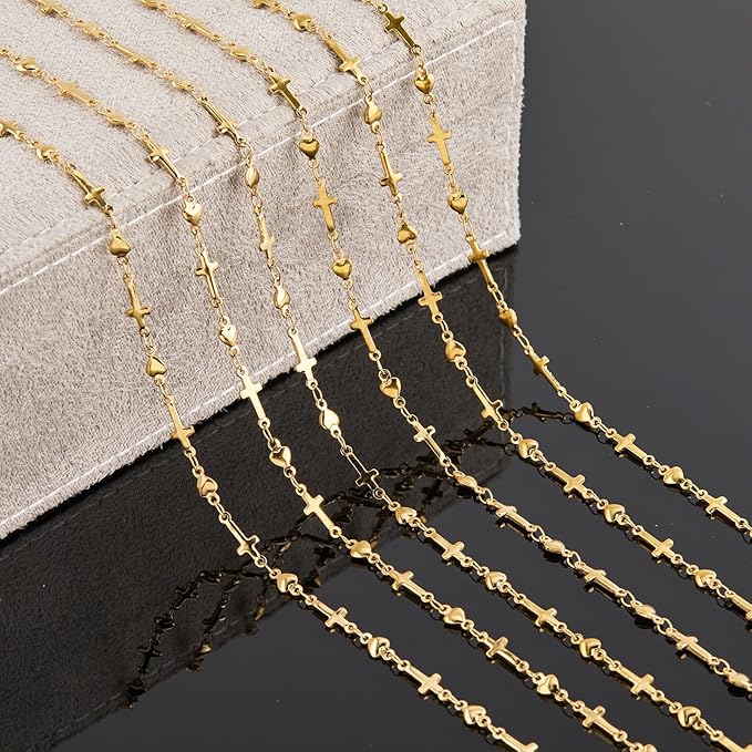 YOUBEIYEE 4 Meters Gold Plated Cross Heart Chains for Jewelry Making Stainless Steel Jewelry Making Chain Roll