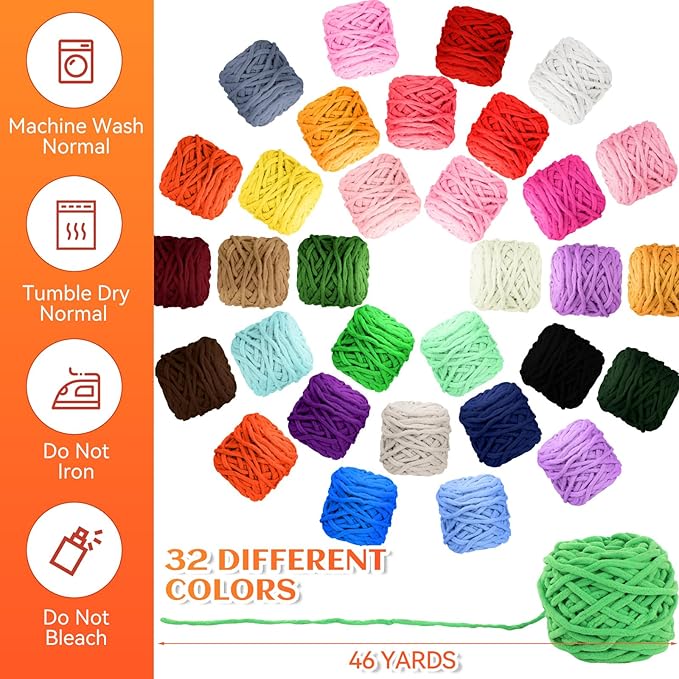 Timgle 32 Skeins Chunky Chenille Yarn for Crocheting, 1470 Yards Bulky Thick Fluffy Yarn Soft Velvet Plush Yarn for Hand Knitting Blanket Crafts Project (Stylish Color)