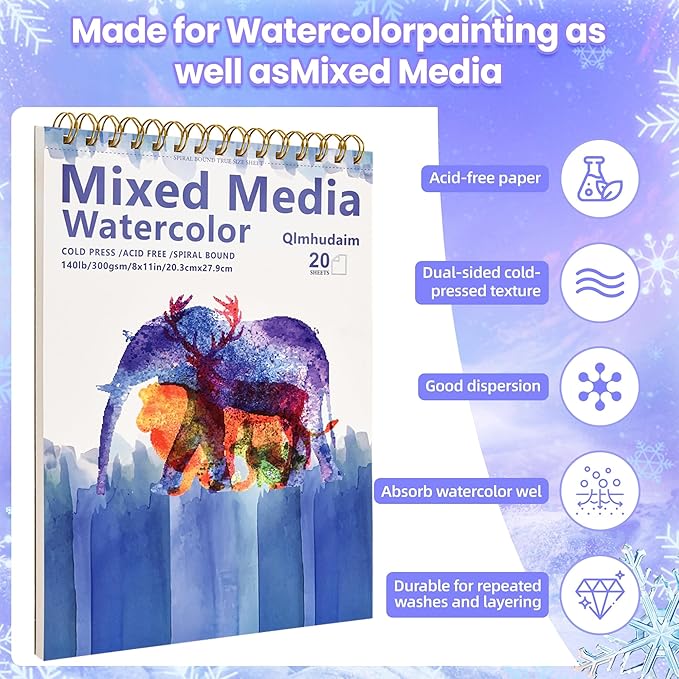 Qlmhudam Watercolor Paper Pad 4" x6”(30 Sheets, 140lb/300g), Spiral - Bound with Tear - Line. A Small Watercolor pad and Artist-Grade Watercolor Book for Adults & Kids -Compact Travel Sketchbook