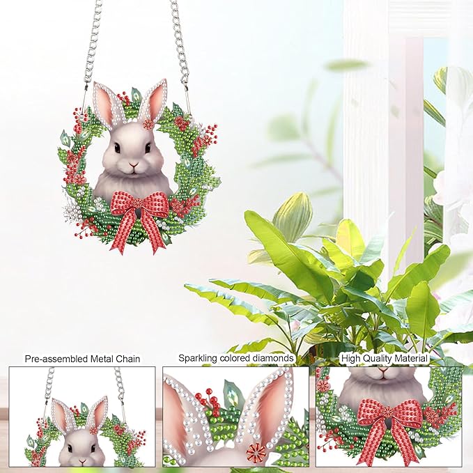 Tontut Bunny Diamond Painting Hanging, Easter Special Shape Diamond Painting Kits, Acrylic Crafted Diamond Art for Home Wall Garden Decoration