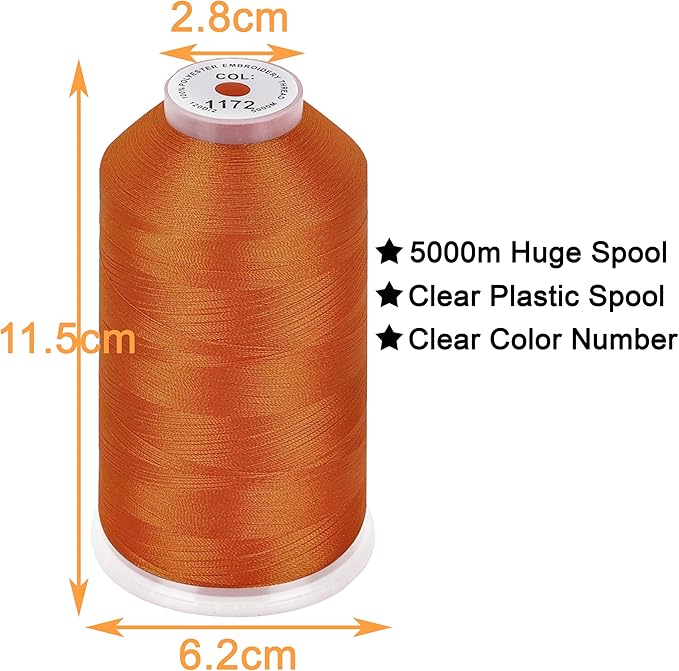 New brothread - Single Huge Spool 5000M Each Polyester Embroidery Machine Thread 40WT for Commercial and Domestic Machines - Orange