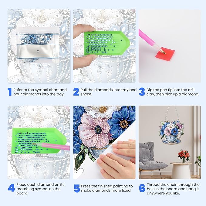 MXJSUA Bouquet Blue Flowers Special Shaped Hanging Diamond Painting Art Kits for Adults, Crystal Rhinestone Acrylic Gem Art Pendant Ornaments Kit for Home Decor and Gift 7.87 * 7.87 Inch