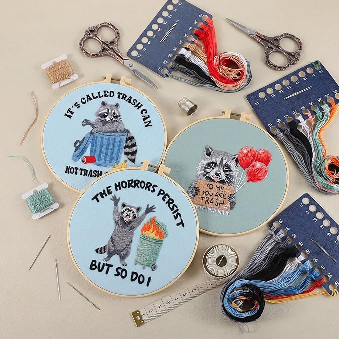 Mindsoft 3 Sets Raccoon Embroidery Kit with Embroidery Hoop Easy Pattern Needlepoint Kit for Beginners and Adults Hand Crafts Needlepoint Set with Needles Thread and Instruction