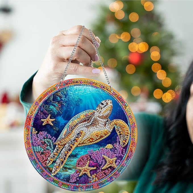 Kaliosy Sun Catcher Turtle Window Hanging - Outdoor Porch Decor, Marine Life-Themed Diamond Art Ornament, Acrylic Board Diamond Painting for Wall Home Garden, Front Door Sign, Indoor Decor 8x8 inch