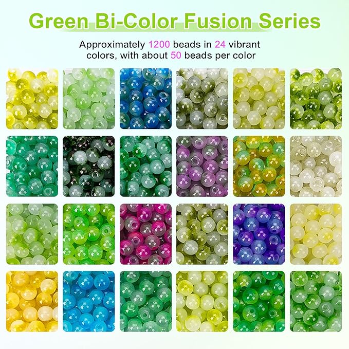 XSEINO About 1200+ pcs 6mm Glass Beads Bracelet Making Kit, 24 Assorted Green Bi-Color Fusion Series Crystal Beads for Jewelry Making, DIY Crafts, Friendship Bracelets