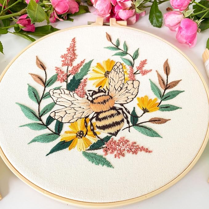 Myfelicity Embroidery kit for Adults, 3-Piece Bee and Butterfly Floral Designs, Including Tools Handmade Embroidery Hoop Art Set (Yellow)