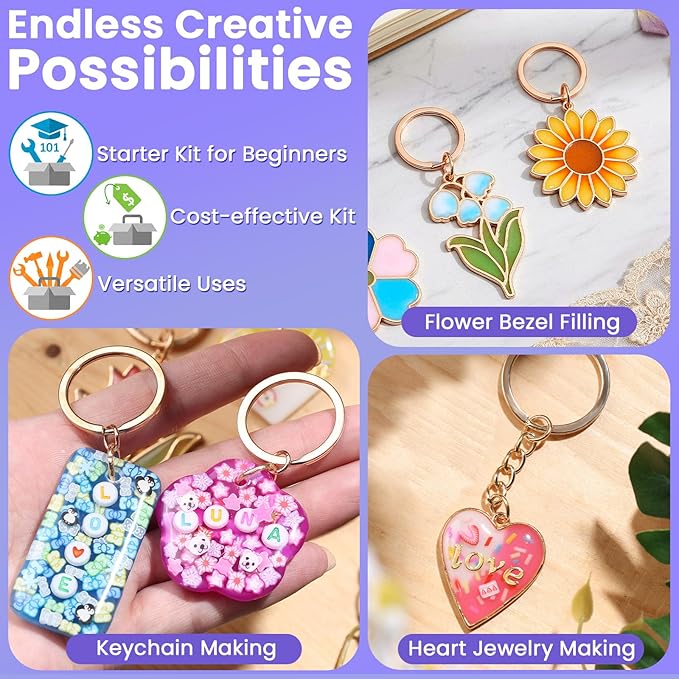 LET'S RESIN All-Inclusive Keychain Making Kit, 12-Color UV Resin with Keychain Molds Silicone, UV Light, 6 Styles Flower and Heart Open Bezels for Resin, Jewelry Making Kit for Beginners, Craft Decor
