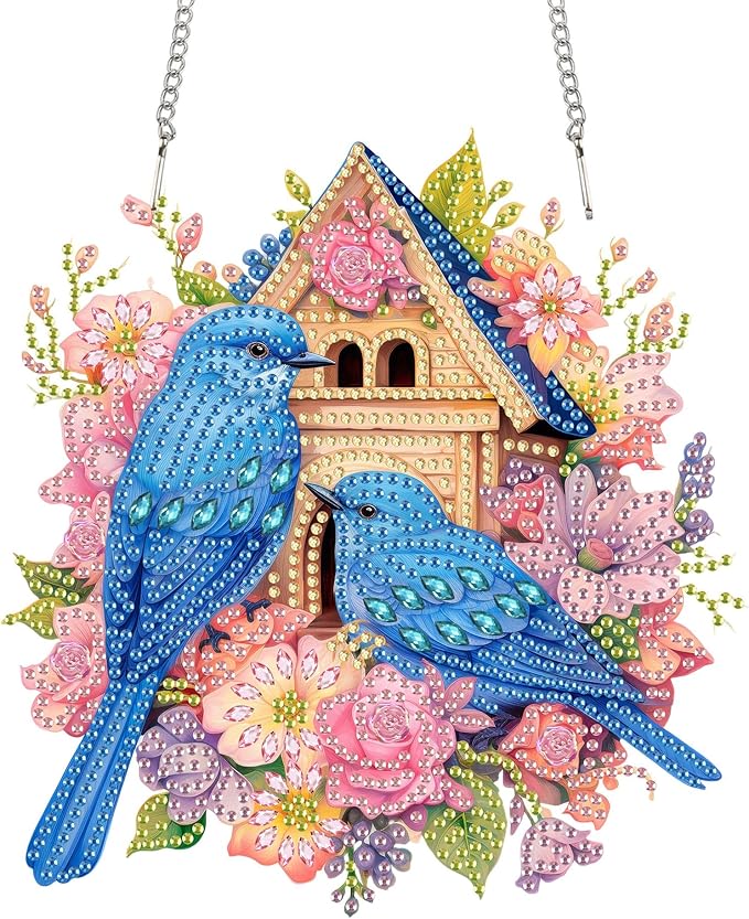 Reofrey Hanging Diamond Art Kits for Adults– 8x8Inch Birds Hanging Ornament Acrylic Board Double Sided Pattern Crystal Diamond Art Suncatcher Pendant, for Home Wall Window Decoration Handmade Gift