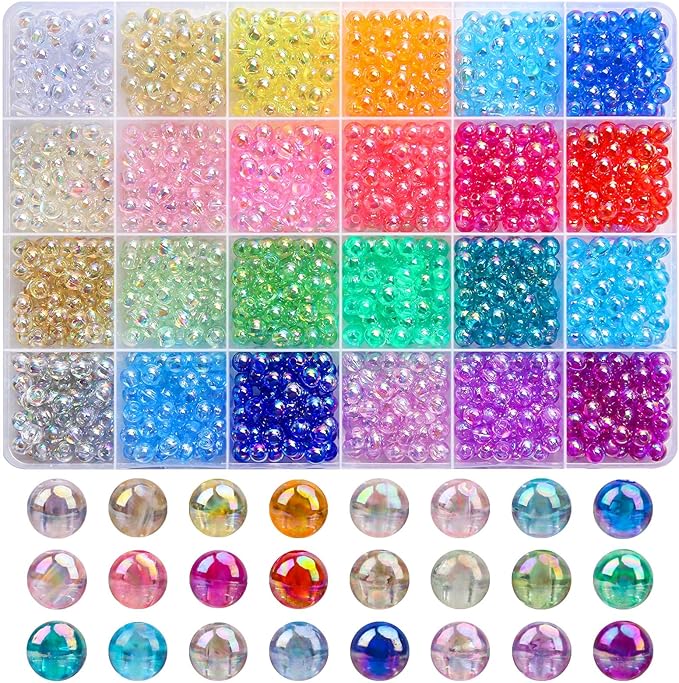 BONNY BOXX 1440Pcs 6mm Transparent AB Acrylic Round Beads, 24 Colors Assorted Plastic Bubble Gum Beads with Hole Loose Spacer Beads Bulk for Bracelets Necklace Jewelry Making DIY Crafts