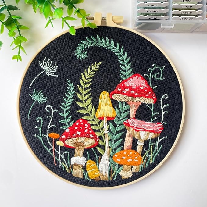 Silentsea Embroidery Kit, Floral and Nature Designs, 3-Pack with Hoops, Needlework Pattern Set (Mushroom)