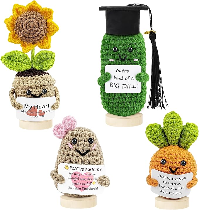 Crochet Potato Bag and Emotional Support Vegetable Bag Combination with Base. Handmade Crochet Cute Vegetables, Perfect for Offices, Universities, Colleagues, Friends, New Year (4PCS)