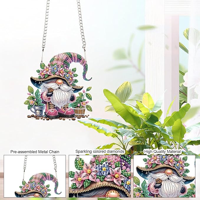 Tontut 5D DIY Diamond Art Painting Pendant kit, Flower Bed Dwarf Special-Shaped Hanging Crystal Window Pendant kit, Adult Gift Home Curtains, Yard Entrance Decoration