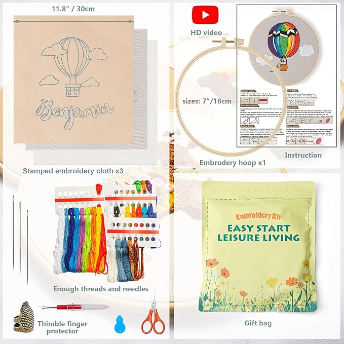 lx lermx embroidery kits for beginners, adult starter cross stitch kit needlepoint complete diy kit with unique patterns, hoop, colorful threads, tools, step by step instructions & video tutorial