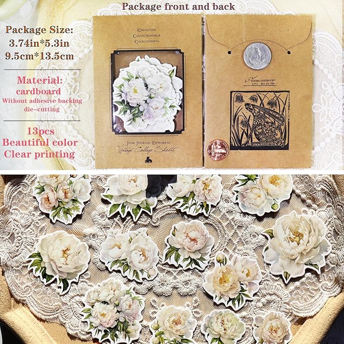 CATaireen Vintage Junk Journal Items Kit Pre Cut Paper Cards Cutout Cardstock Art Aesthetic Decor Hollow Out Craft Elements Small Embellishments Supplies for Adults Scrapbook Pack (Floral White)