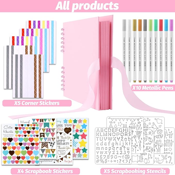 Gotideal 80 Pages Scrapbook Album with 10 Metallic Markers, Craft Paper Photo Album for Wedding and Anniversary, Family DIY Scrapbook Accessories with Scrapbooking Stickers Corners(Pink)