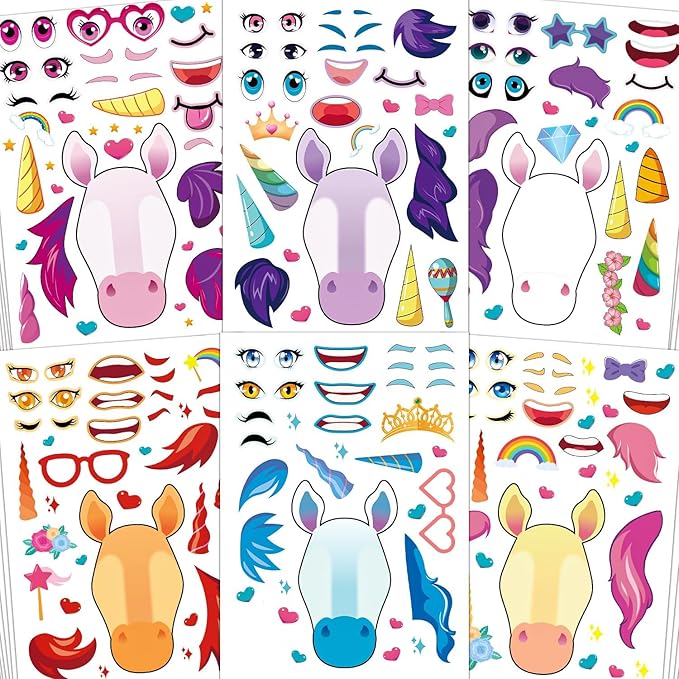 aowplc 42 sheets unicorn make‑a‑face stickers, fantasy party favors, crafts & activities, birthday supplies for kids & girls