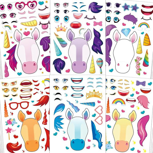 aowplc 42 sheets unicorn make‑a‑face stickers, fantasy party favors, crafts & activities, birthday supplies for kids & girls