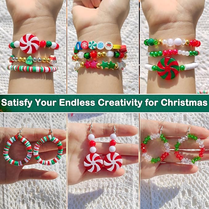 2370Pcs Christmas Beads for Bracelets Jewelry Making Kit, Christmas Tree Snowflake Charms Red Green Xmas Clay Bead Assorted Acrylic Crystal Round Pearl Star Spacer Bead for Necklace Earrings DIY Craft