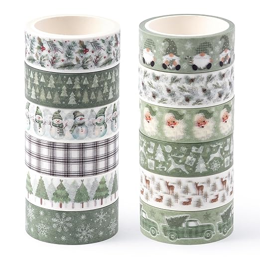 Sage Green Washi Tape - 12 Rolls Christmas Sage Design, Acid Free Residue Free Adhesive Easy Tear DIY Art Crafts for Christmas Gift Wrapping, Scrapbook, Journal Decor, Holiday Projects