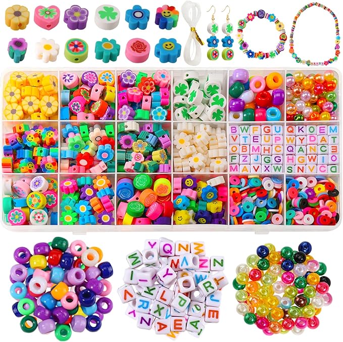JMUQ 710 Pcs Flower Charms for Jewelry Making Kit, Cute Fun Flower Heishi Pony Letter Pearl Beads