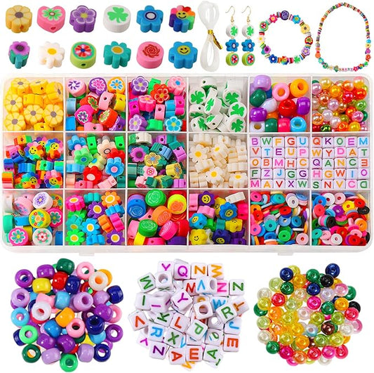 JMUQ 710 Pcs Flower Charms for Jewelry Making Kit, Cute Fun Flower Heishi Pony Letter Pearl Beads