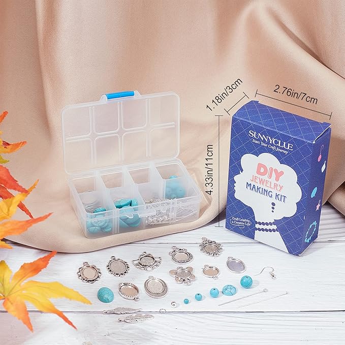 SUNNYCLUE 1 Box DIY 10 Pairs Turquoise Bead Earrings Making Kit Alloy Enamel Leaf Pendants Charms with Turquoise Beads Eye Pin & Earring Hooks for DIY Earring Jewelery Making, Antique Silver