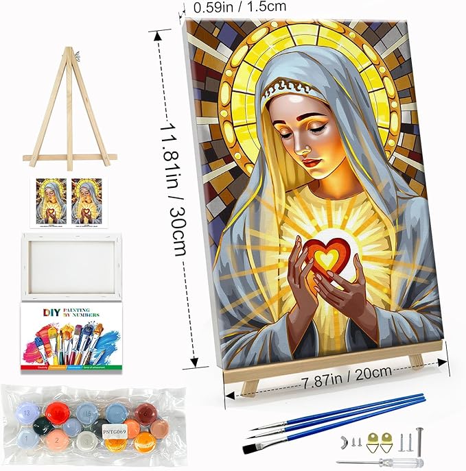 JOOZ Virgin Mary Paint by Numbers Kit for Adults with Frame Religion Paint by Number with Easel Adult Paint by Number Kits Framed Canvas Oil Painting Kits for Home Wall Decor 8x12 Inch