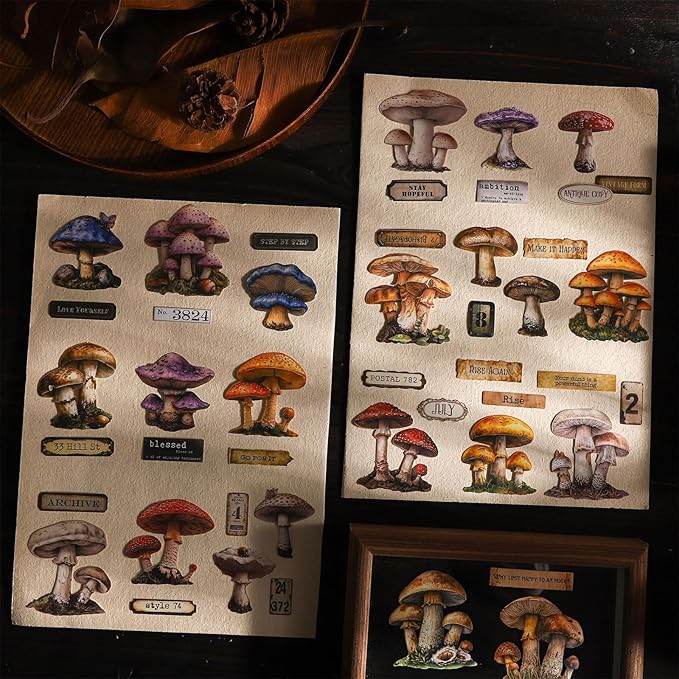 Doukado 150 PCS Vintage Natural Simulated Mushroom-Themed Scrapbook Stickers, Aesthetic Decorative Coloful Mushroom Stickers for Scrapbooking, Journaling, Creative Journal Supplies and DIY Crafts