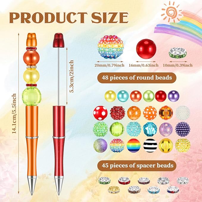 Geyee 15 Pcs Plastic Beadable Pens Assorted Bead Pens Multicolor Bubblegum Crystal Spacer Beads, Black Ink Ballpoint DIY Set, Back to School Gift for Student Summer Ocean Party Gifts(Rainbow Color)