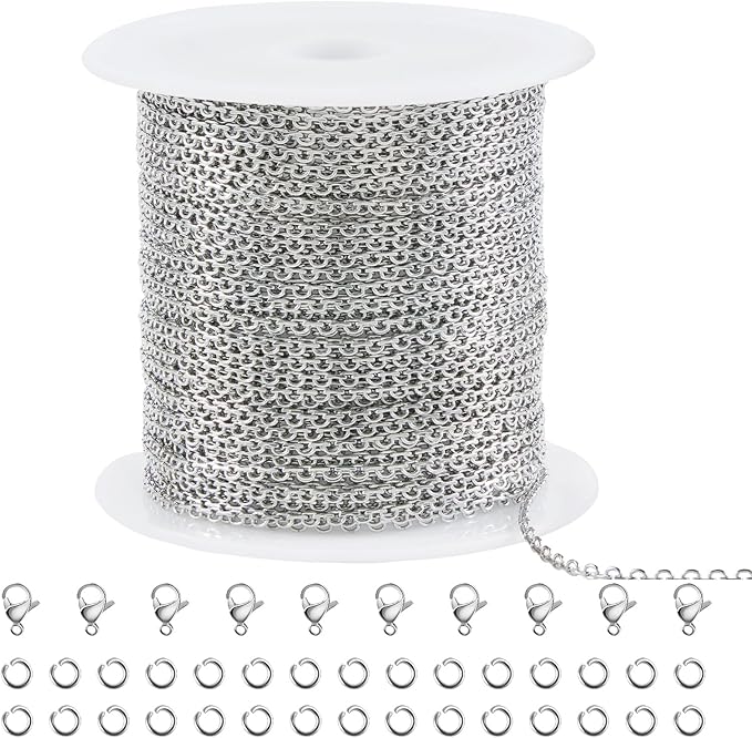 SMYHTGLIF 10 Meters Stainless Steel Jewelry Making Chains Silver Cable Rolo Chain with Lobster Clasps and Jump Rings for Jewelry Making