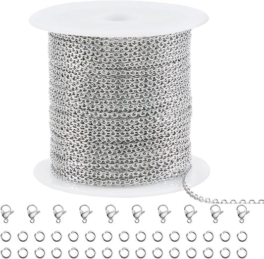 SMYHTGLIF 10 Meters Stainless Steel Jewelry Making Chains Silver Cable Rolo Chain with Lobster Clasps and Jump Rings for Jewelry Making