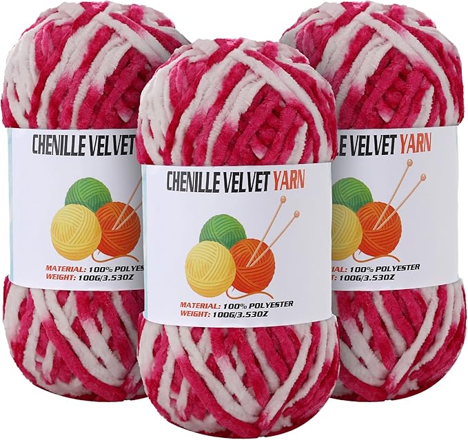 3 * 100g Velvet Chenille Chunky Yarn for Crocheting, Handcrafts Weaving Soft Chenille Yarn for Crocheting Clearance, Used for Making Baby Yarns Blanket, Clothes, Knitting Creations (Colorful - D)
