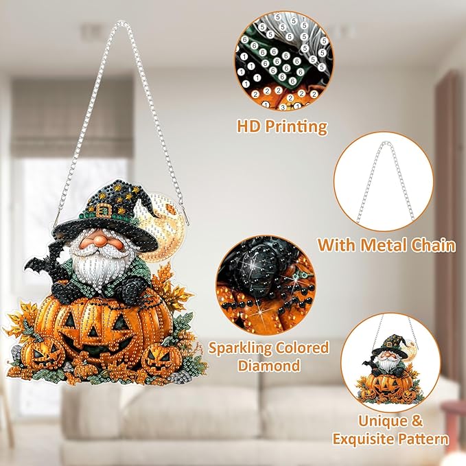 SENQAO Halloween Diamond Art Hanging Kits for Adults Beginners, DIY Acrylic 5D Special Shaped Crystal Diamond Gem Art Painting Hanging Ornament for Home Wall Decor and Gift（Gnome Pumpkin Bat）